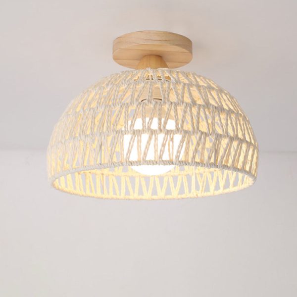 Traditional Japanese Half Round Solid Wood Rattan 1-Light Semi-Flush Mount Ceiling Light For Living Room - Image 11