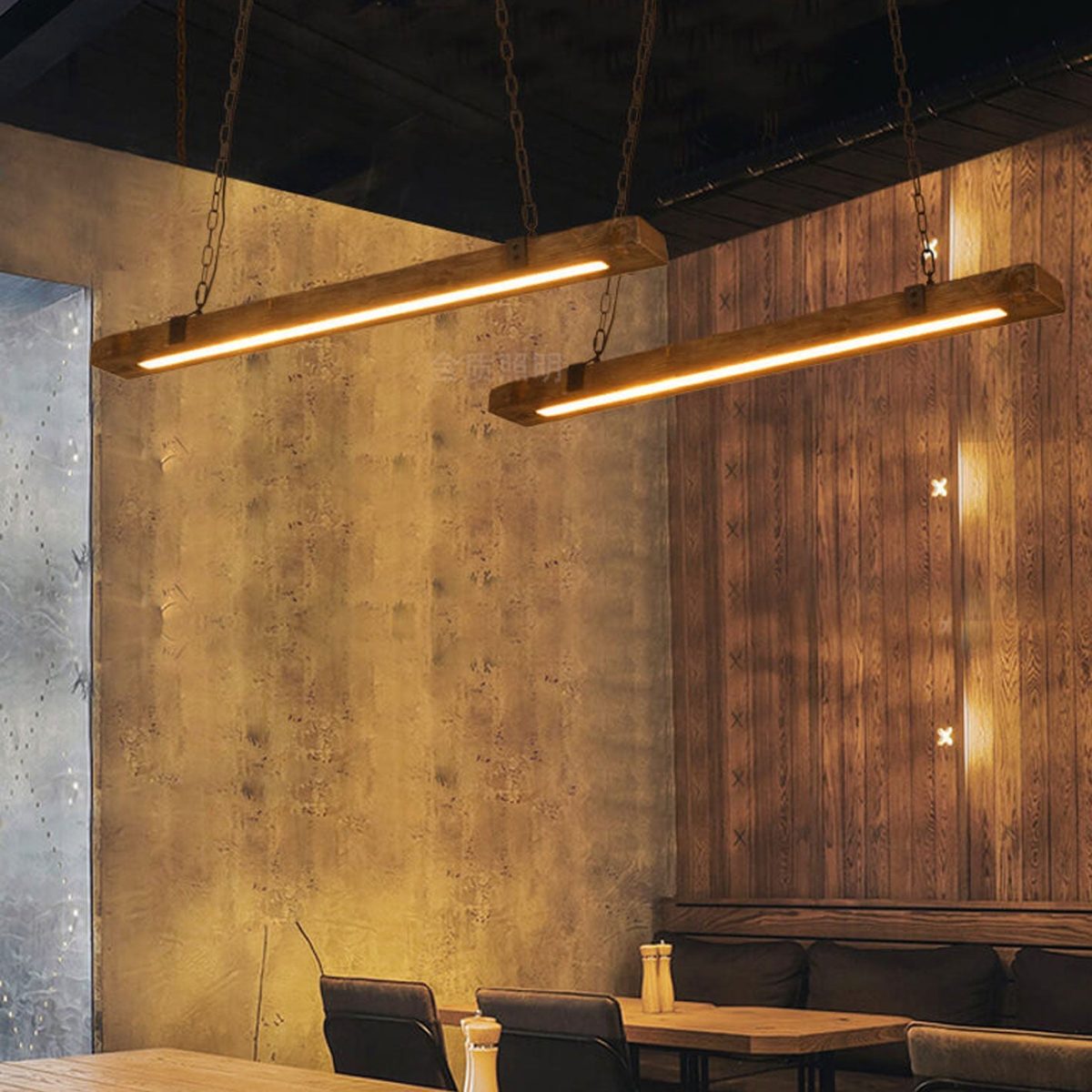 Vintage Industrial Wooden Long Bar Island Light LED Chandelier - Image 1