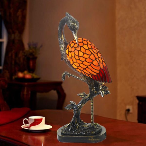 Vintage Tiffany Crane 1-Light Stained Glass Table Lamp - Image 13