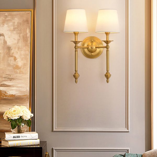 Modern Brass Fabric Shade 1/2 Light Wall Sconce Lamp - Image 5
