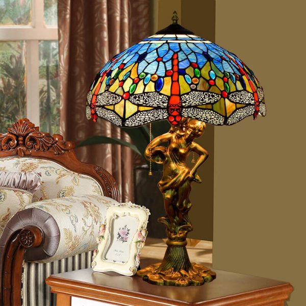 Tiffany Mediterranean Dragonfly Stained Glass 3-Light Zipper Table Lamp - Image 2