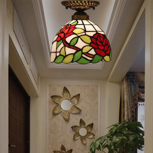 Vintage Tiffany Red Rose Glass 1-Light Semi-Flush Mount Ceiling Light - Image 8