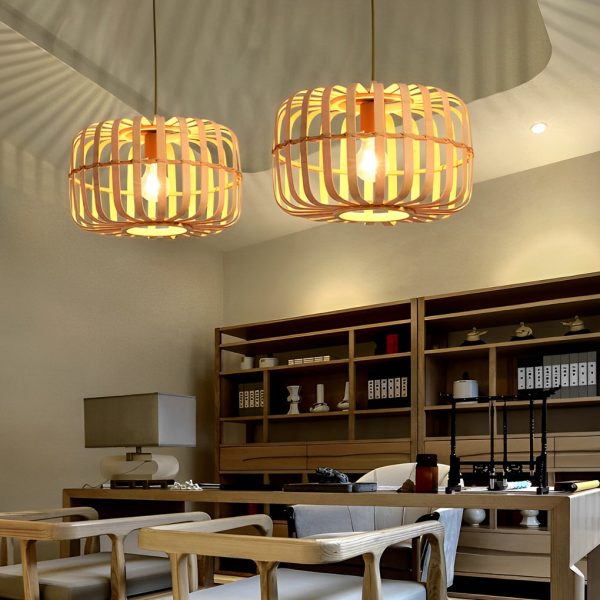 Circular Rectangle Bird Cage Pendant Light Burlywood Bamboo Ceiling Lights - Image 7