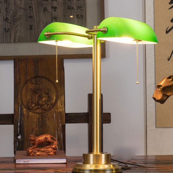 Vintage Green All Brass 2-Light Bank Pull Cord Touch Table Lamp - Image 2