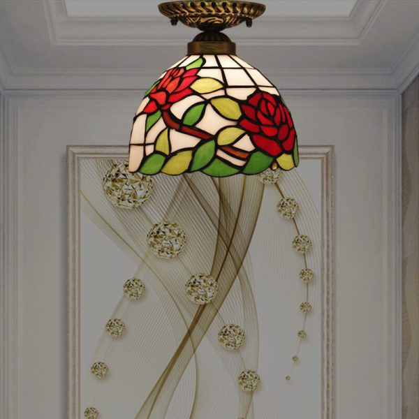 Vintage Tiffany Red Rose Glass 1-Light Semi-Flush Mount Ceiling Light - Image 9