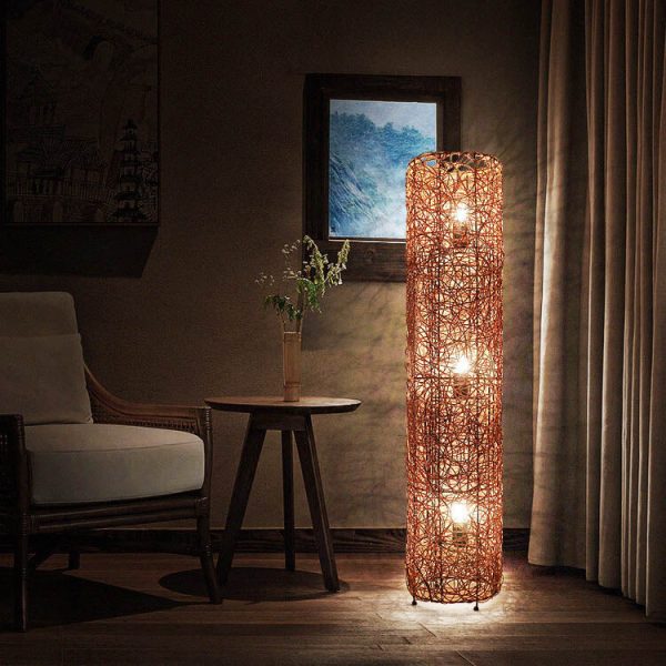 Minimalist Rattan Weaving Column Shaped 3-Light Standing Floor Lamp - Image 12