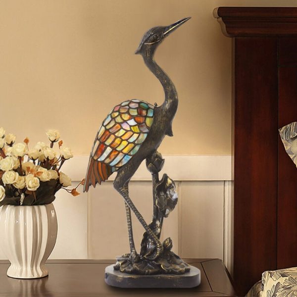 Vintage Tiffany Crane 1-Light Stained Glass Table Lamp - Image 14