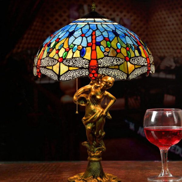 Tiffany Mediterranean Dragonfly Stained Glass 3-Light Zipper Table Lamp - Image 3