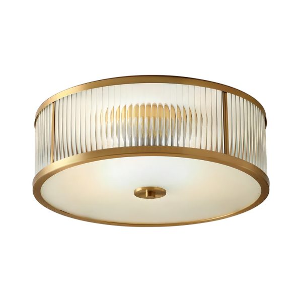 Drum Brass Flush Mount Ceiling Light Clear Ribbed Glass Lamp for Bedroom - Image 8