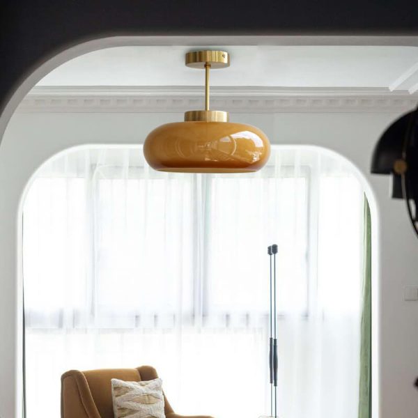 Vintage Brass Yellow Glass 1-Light Semi-Flush Mount Ceiling Light - Image 2