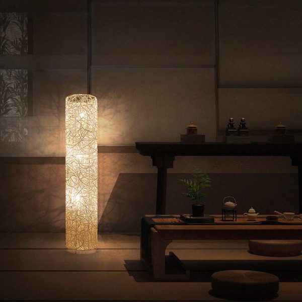 Minimalist Rattan Weaving Column Shaped 3-Light Standing Floor Lamp - Image 14