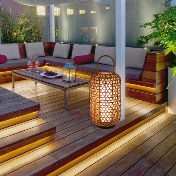 Modern Rattan Weaving Cylinder Outdoor Waterproof Floor Lamp - Image 3