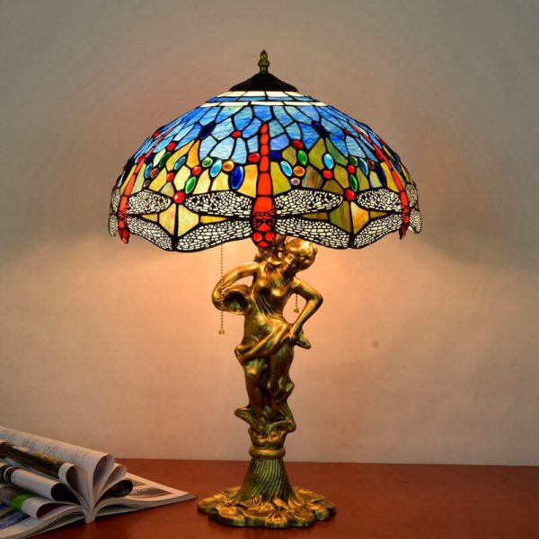 Tiffany Mediterranean Dragonfly Stained Glass 3-Light Zipper Table Lamp - Image 4