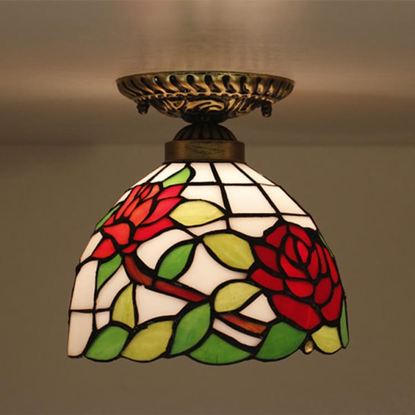 Vintage Tiffany Red Rose Glass 1-Light Semi-Flush Mount Ceiling Light - Image 2
