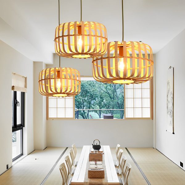 Circular Rectangle Bird Cage Pendant Light Burlywood Bamboo Ceiling Lights - Image 4