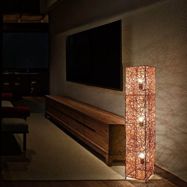 Minimalist Rattan Weaving Column Shaped 3-Light Standing Floor Lamp - Image 2