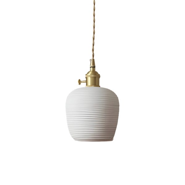 Round Striped Handmade Ceramic Shade Brass Ins Japanese Style Chandelier - Image 7