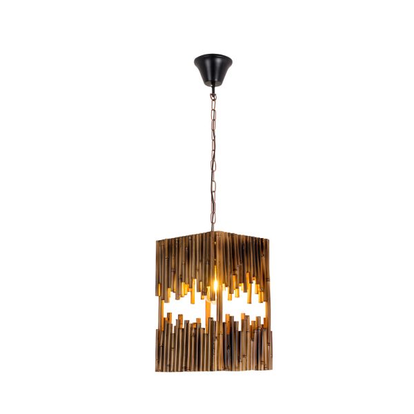 Retro Wood Bamboo Tube Cuboid Pendant Light - 1-Light Suspension Lamp - Image 7