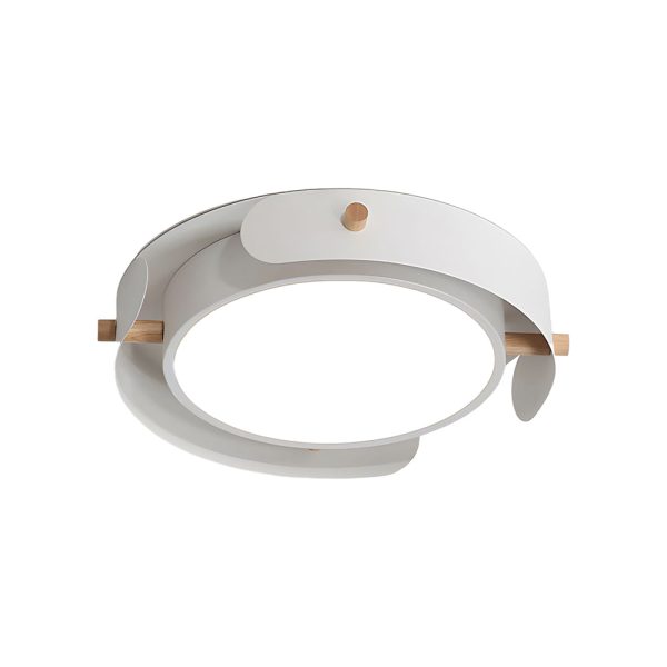 Round Nordic White Metallic Wood Drum Flush Mount Ceiling Light - Image 7