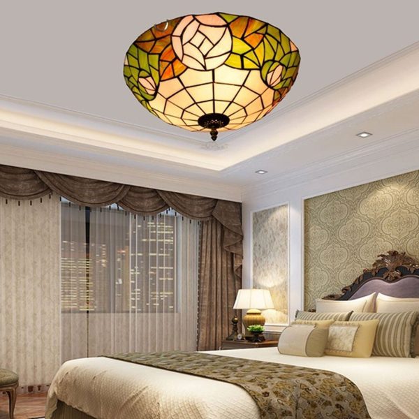 Tiffany European Retro Creative Stained Glass Rose Pattern Design 3-Light Flush Mount Light - Image 10