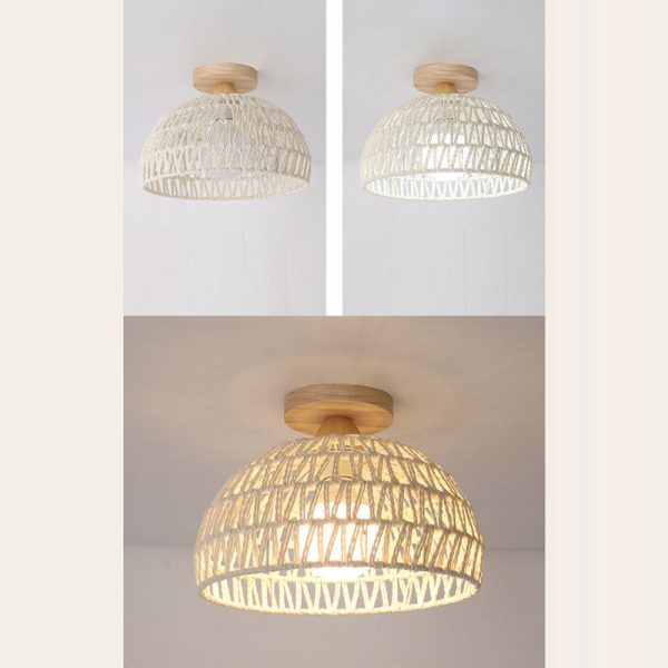 Traditional Japanese Half Round Solid Wood Rattan 1-Light Semi-Flush Mount Ceiling Light For Living Room - Image 9
