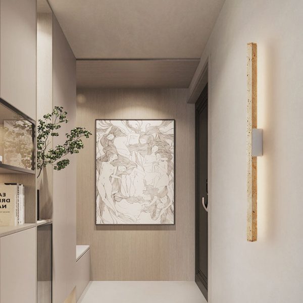 Japanese Wabi-Sabi Yellow Travertine Wood Long Strip LED Wall Sconce Lamp - Image 10