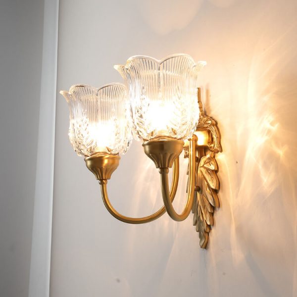 Vintage Flower Cup Brass Glass 1/2 Light Wall Sconce Lamp - Image 10