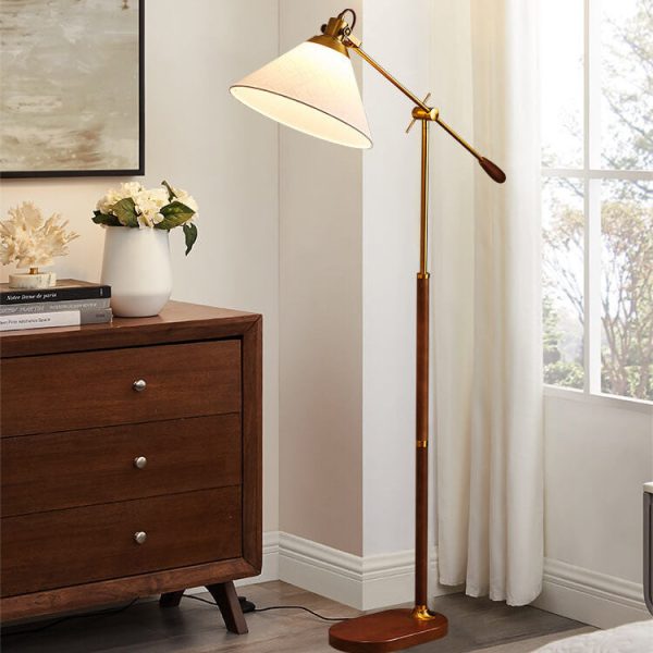 Nordic Vintage Fabric Cone Metal Ash Wood 1-Light Standing Floor Lamp - Image 3