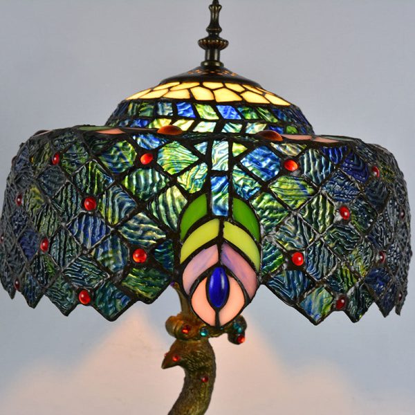 Vintage Tiffany Peacock Gem Dome Glass Resin 1-Light Table Lamp - Image 13