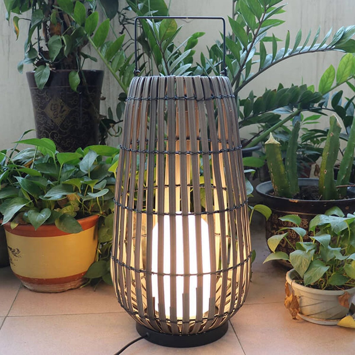 Modern Rattan Weaving Oval Cage Outdoor Patio Waterproof Floor Lamp - Image 11