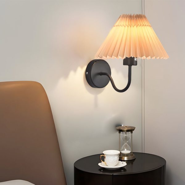 Vintage 1-Light Dimmable Metallic Armed Sconce with Pleated Fabric Shade - Image 2