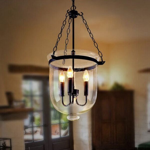 Traditional Rustic Round Glass Bucket Iron Candelabra 3-Light Chandelier For Living Room - Image 4