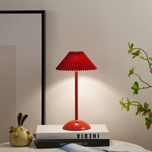 Contemporary Scandinavian Rechargeable Iron Fabric Conic Pleated 1-Light Table Lamp For Bedside - Image 4