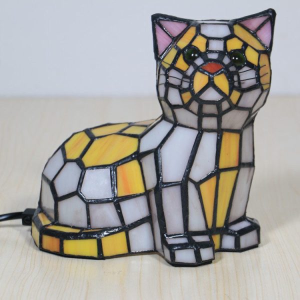 Traditional Tiffany Stained Glass Cat 1-Light Table Lamp For Bedroom - Image 6