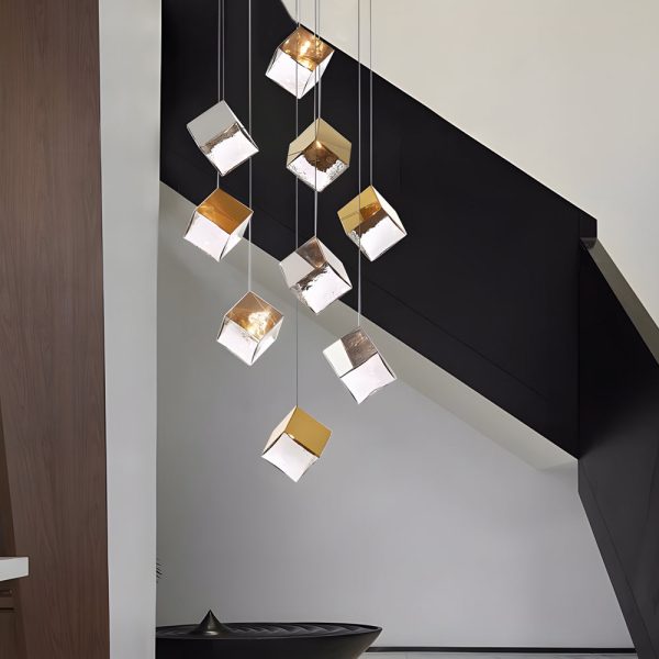 1/3/6/9-Light Multi Glass Ice Cube Metallic Staircase Chandelier in Gold/Chrome - Image 4
