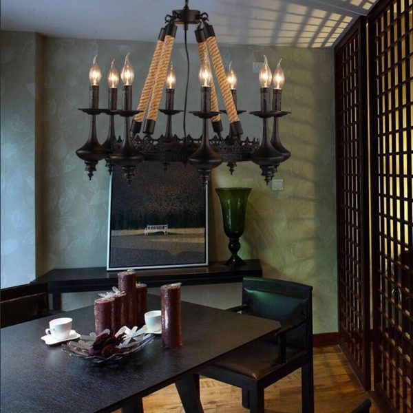 Traditional Vintage Round Candelabra Iron Hemp Rope 3/6/8 Light Chandelier For Living Room - Image 11