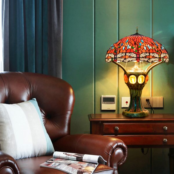 Tiffany Vintage Red Glass Dragonfly Design 4-Light Table Lamp - Image 8