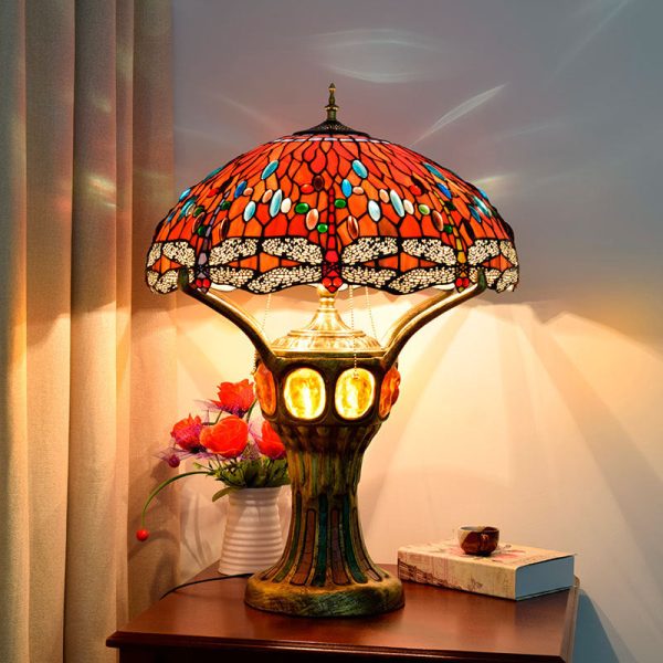 Tiffany Vintage Red Glass Dragonfly Design 4-Light Table Lamp - Image 6