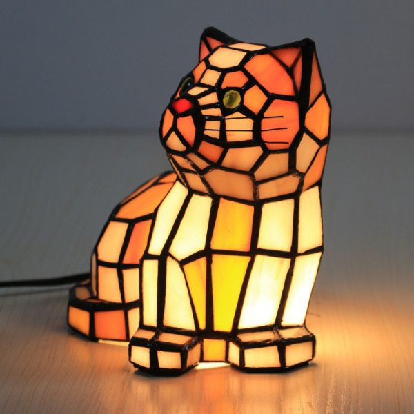 Traditional Tiffany Stained Glass Cat 1-Light Table Lamp For Bedroom - Image 9