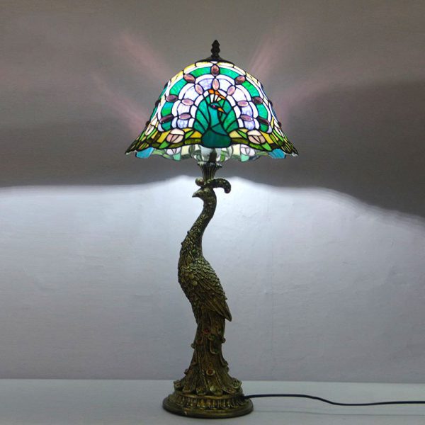 Vintage Tiffany Peacock Gem Dome Glass Resin 1-Light Table Lamp - Image 19