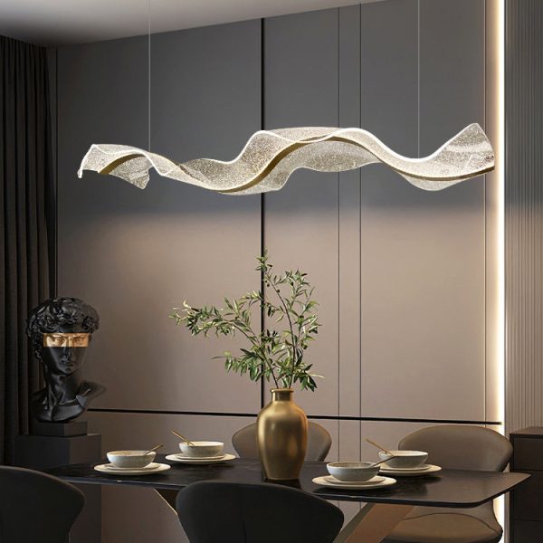 Contemporary Creative Rectangle Wave Ribbon Hardware Acrylic LED Island Light Chandelier For Dining Room - Image 13