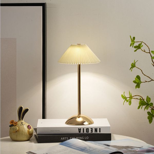 Contemporary Scandinavian Rechargeable Iron Fabric Conic Pleated 1-Light Table Lamp For Bedside - Image 13