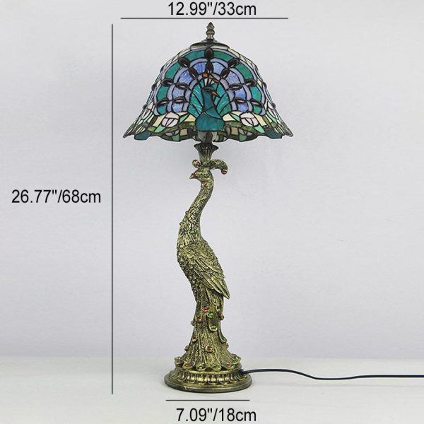 Vintage Tiffany Peacock Gem Dome Glass Resin 1-Light Table Lamp - Image 8