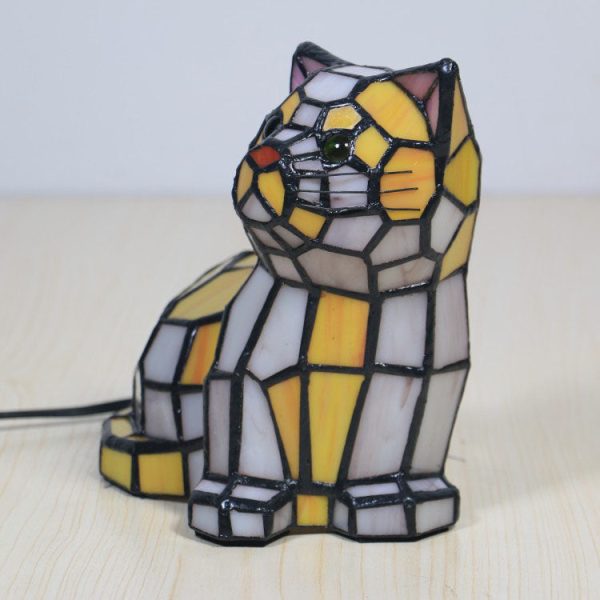 Traditional Tiffany Stained Glass Cat 1-Light Table Lamp For Bedroom - Image 7