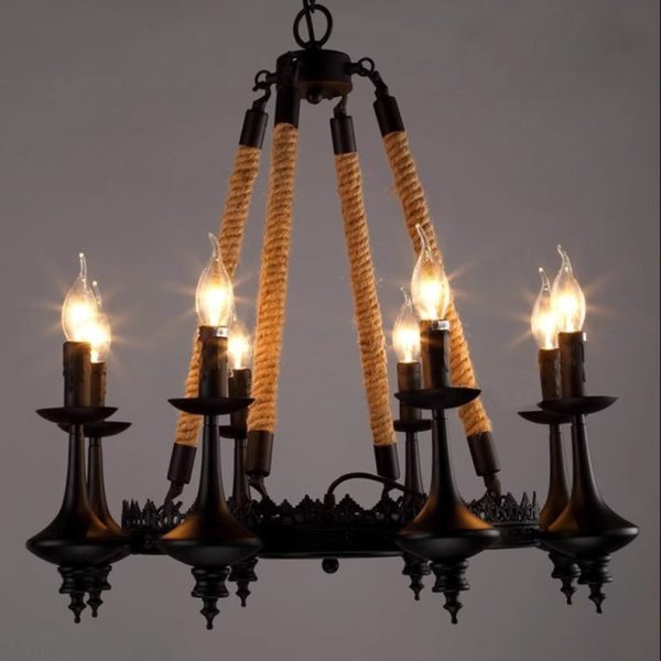 Traditional Vintage Round Candelabra Iron Hemp Rope 3/6/8 Light Chandelier For Living Room - Image 12