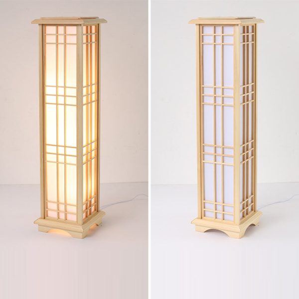 Traditional Japanese Wood Acrylic Pillar Rectangular 1/2/3 Light Standing Floor Lamp For Bedroom - Image 18