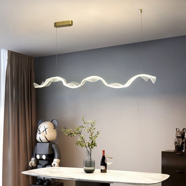 Contemporary Creative Rectangle Wave Ribbon Hardware Acrylic LED Island Light Chandelier For Dining Room - Image 14