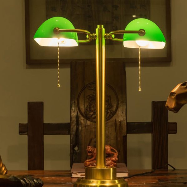 Vintage Green All Brass 2-Light Bank Pull Cord Touch Table Lamp - Image 9