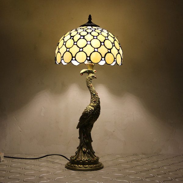 Vintage Tiffany Peacock Gem Dome Glass Resin 1-Light Table Lamp - Image 20