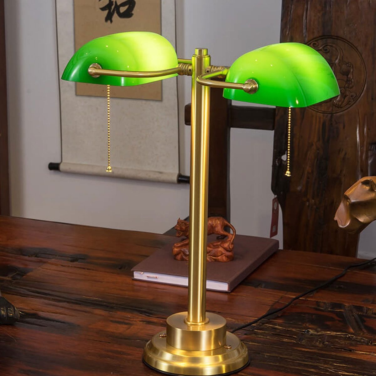 Vintage Green All Brass 2-Light Bank Pull Cord Touch Table Lamp - Image 1